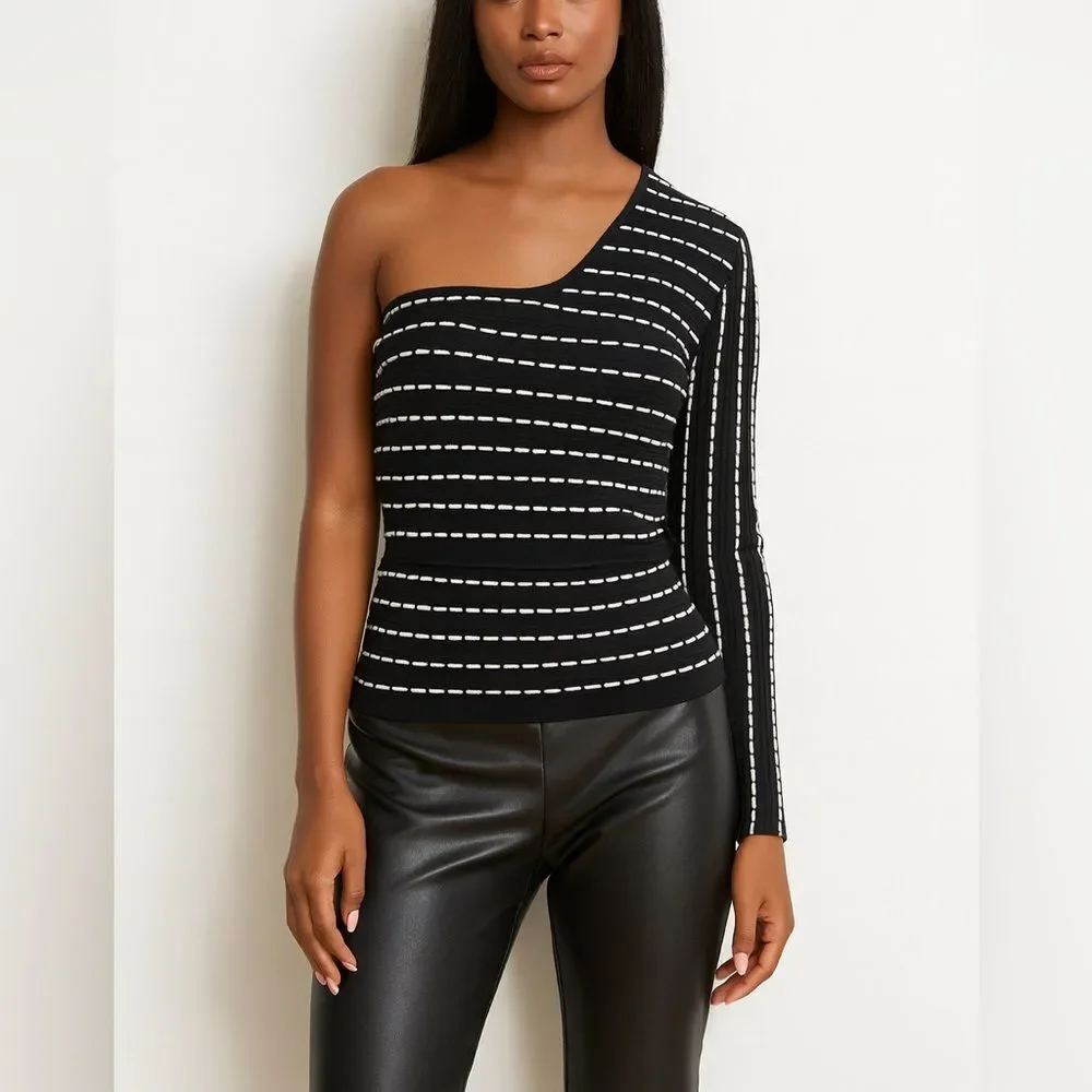 RONNY KOBO Black White Stretch One-Shoulder Knit Sweater Size S
